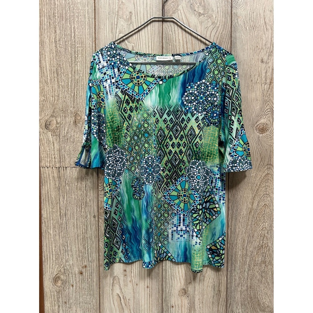 Susan Graver Womens Green Blue Geometric Mosaic Split Sleeve Knit Top Size M